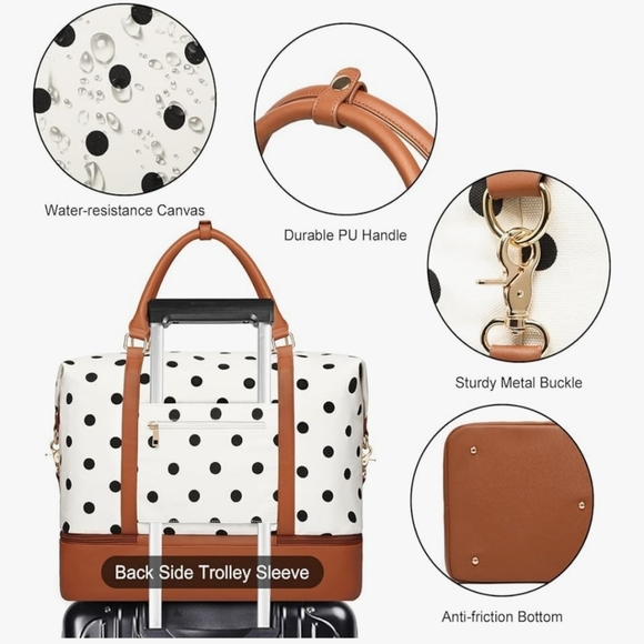 NWT Polka Dot Weekend Travel Bag Set in White & Brown - Picture 6 of 7
